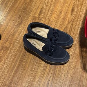 Clarks Women’s Navy Loafers with Chain Detail